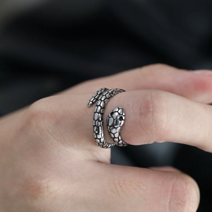 Detailed macro shot of vintage stainless steel snake ring showing detailed scale textures