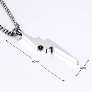 Polished silver lightning bolt pendant necklace for men with bead chain streetwear style