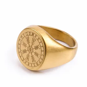 Bague compas viking vintage dorée en acier inoxydable avec gravures runes 17g 19,5mm