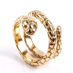Detailed view of golden snake ring showing intricate scale textures and hollow head design