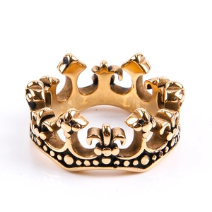 Vintage gold stainless steel crown ring for men and women featuring fleur-de-lis details