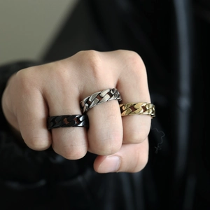 Set of gold, silver, and black cuban chain rings for men and women in stainless steel