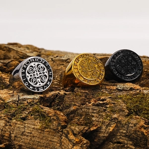Men's Vintage Saint Benedict Medal Signet Ring Titanium Steel Hip Hop Religious Cross Gothic Punk Band Ring Jewelry Gift