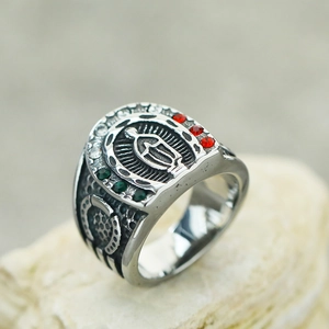 Vintage stainless steel Virgin Mary ring with colorful rhinestones for men and women