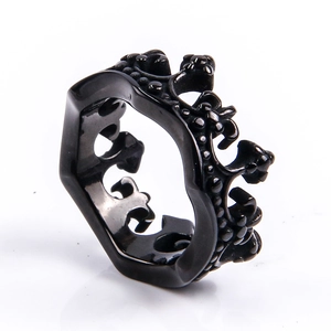 Detail view of the black stainless steel hollow crown ring featuring a punk style design