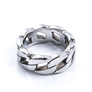 Polished silver stainless steel Cuban link chain ring for men and women macro view