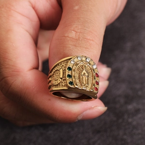 Retro golden stainless steel horseshoe ring with Virgin Mary relief and colorful crystals