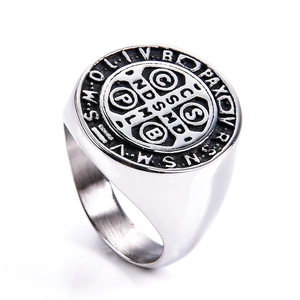 Religious Saint Benedict Medal stainless steel ring with detailed cross engraving