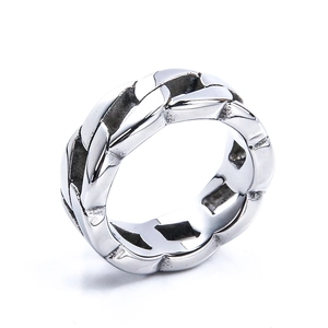Macro detail of silver stainless steel ring showing polished cuban link chain texture