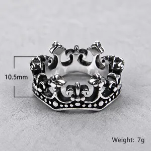 Vintage stainless steel crown ring with punk style detailing and 10.5mm height
