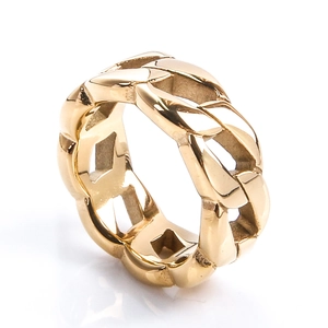 Polished gold cuban link chain ring with hollow design on white background