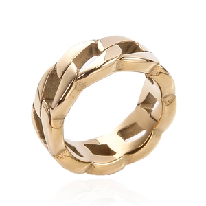 Detailed view of polished golden cuban link ring with glossy metallic chain texture
