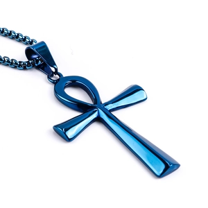 Poliertes blaues Edelstahl Ankh-Kreuz Anhänger Halskette mit Box-Kette für Männer