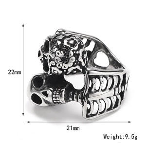 Men's punk double skull stainless steel ring with 22mm height and vintage silver finish