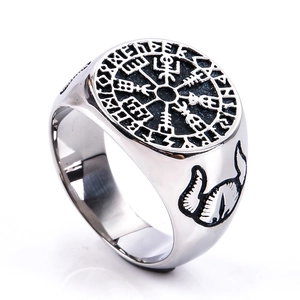 Macro shot of Viking compass ring with engraved runes and detailed wolf head carving