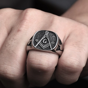 Vintage stainless steel Freemasonry signet ring for men with G logo and square compass
