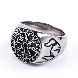 Men's Viking compass steel ring with wolf relief on a white background, 45-degree view