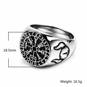 Viking Vegvisir compass ring in stainless steel with Nordic rune engravings and runes
