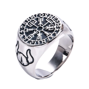 Viking compass stainless steel ring with Nordic Vegvisir symbol and ancient runes