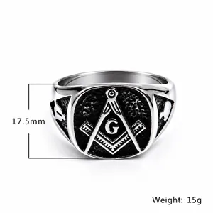 Vintage stainless steel Freemason signet ring for men featuring G symbol shield