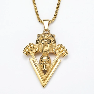Pendentif tête de tigre sabre et crâne punk en acier inoxydable doré avec cadre triangle
