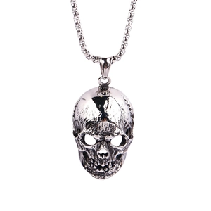 Retro stainless steel skull pendant necklace with oxidized gothic punk finish on white