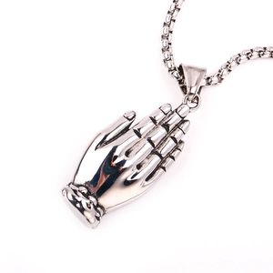 Vintage stainless steel praying hands pendant necklace with silver bead chain for men