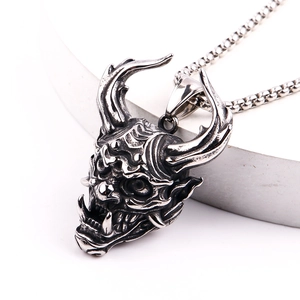 Retro stainless steel devil pendant necklace with intricate mask details and long chain