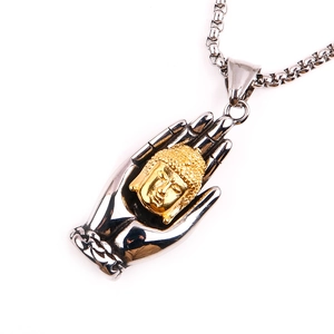 Retro stainless steel palm holding Buddha pendant necklace for men with box chain link