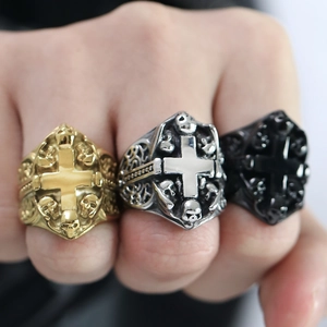 Retro gothic stainless steel rings featuring cross and skull relief in gold, silver, and black