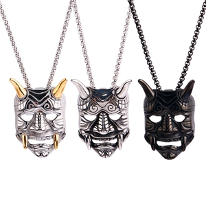 Collier Pendentif Masque Hannya Japonais pour Hommes Rétro Punk en Acier au Titane Oni Tête de Fantôme Crâne Bijoux Biker Gothique