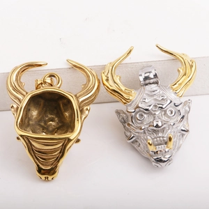 Retro hip hop devil mask pendant in silver and gold steel for men's punk jewelry style