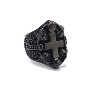 Gothic punk men's black stainless steel ring with embossed cross and skull details
