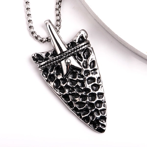 Arrowhead pendant necklace in stainless steel with industrial punk honeycomb texture
