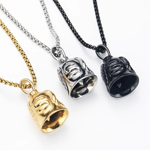 Detailed set of bell-shaped eagle wing pendants in gold, silver, and black stainless steel