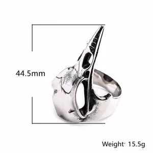 Vintage gothic bird skull ring in stainless steel with detailed bone texture carving
