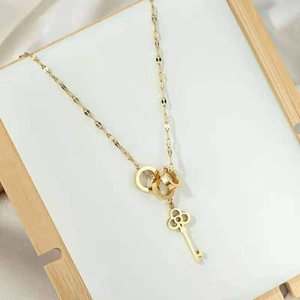 Elegante gouden titanium stalen ketting met sleutelhanger en drie in elkaar grijpende ringen