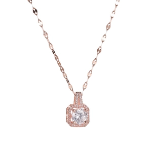 Elegant rose gold square zircon necklace featuring a brilliant round center stone pendant