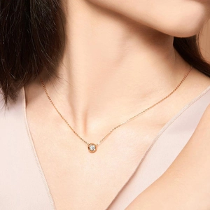 Minimalist Titanium Steel Bezel Set Single Rhinestone Pendant Necklace For Women Electroplated Rose Gold Gold Clavicle Chain Jewelry