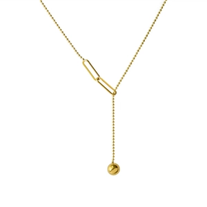 Minimalist gold tassel necklace with bead chain and round ball pendant on white background