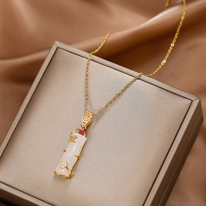 Gold Plated Stainless Steel Bamboo Joint Necklace For Women Faux Jade Red Zirconia Minimalist New Chinese Style Jewelry