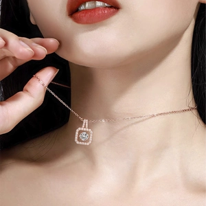 Elegant rose gold dancing zircon pendant necklace with double square frame for women