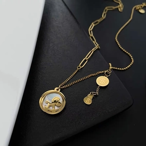 Titanium Steel Horse Pendant Necklace With Mother Of Artificial Pearl Shell Money Bag Dollar Sign Charms For Women Elegant Jewelry