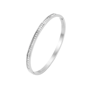 Polished stainless steel bangle with single row of sparkling zircons in silver finish