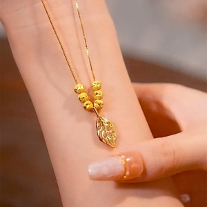 Titanium Steel Gold Plated Necklace For Women With 6 Blessing Beads Elegant Rhinestone Inlaid Leaf Rabbit Clover Pendant Clavicle Chain Jewelry