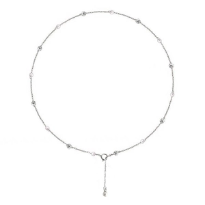 Elegant silver pearl and rhinestone Y-necklace with adjustable extender on white background