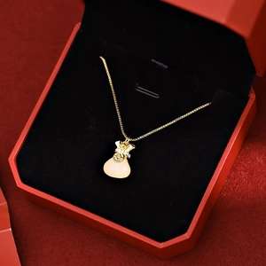 Ketting met witte chalcedoon gelukszakje hanger en gouden ketting in rode doos