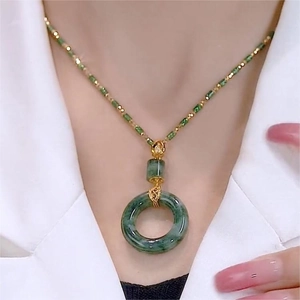 Elegant gradient green jade pendant necklace with gold chain and matching beads for women