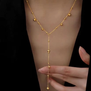 Y-Shaped Tassel Necklace Stainless Steel 18K Gold Plated Round Beads Long Lariat Elegant Chain For Women