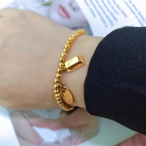 Fashion Copper Alloy Gold Plated Bead Bracelet With Lucky Rich Charms Gold Bar Pendant Elastic Jewelry Gift For Women